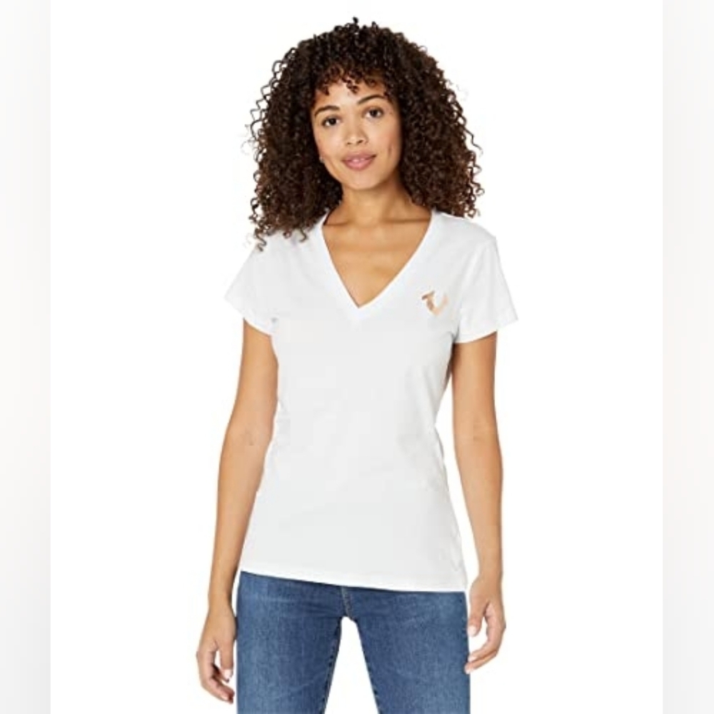 True Religion White Gold Foil Buddha Graphic V-Neck Tee Shirt Large Like New Y2K
